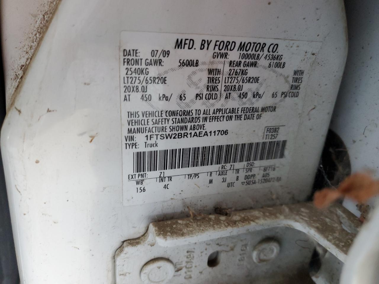 2010 Ford F250 Super Duty VIN: 1FTSW2BR1AEA11706 Lot: 92231015