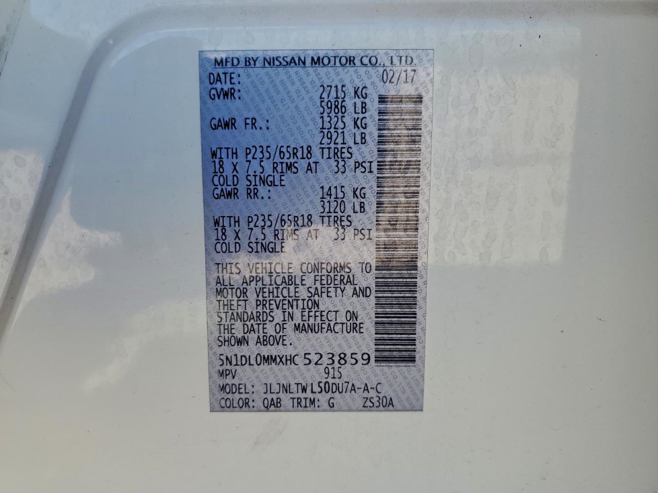 2017 Infiniti Qx60 VIN: 5N1DL0MMXHC523859 Lot: 94112425