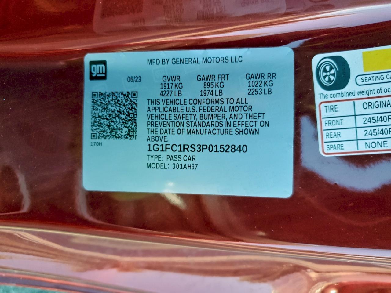 2023 Chevrolet Camaro Lt VIN: 1G1FC1RS3P0152840 Lot: 94378045