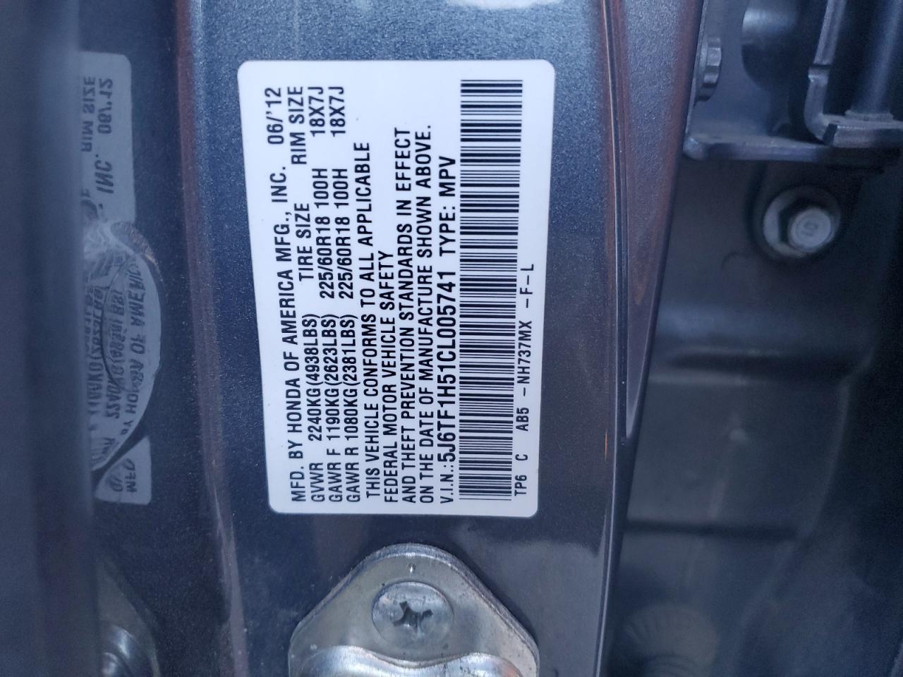 2012 Honda Crosstour Exl VIN: 5J6TF1H51CL005741 Lot: 91615615