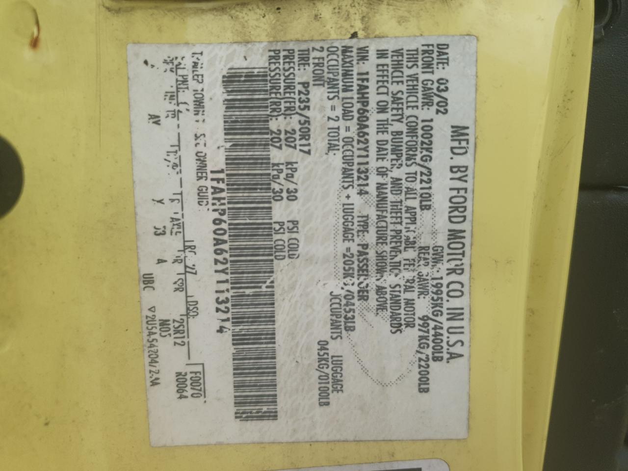 2002 Ford Thunderbird VIN: 1FAHP60A62Y113214 Lot: 91480385