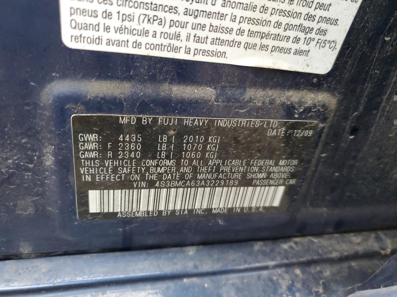 2010 Subaru Legacy 2.5I VIN: 4S3BMCA63A3229189 Lot: 93373055