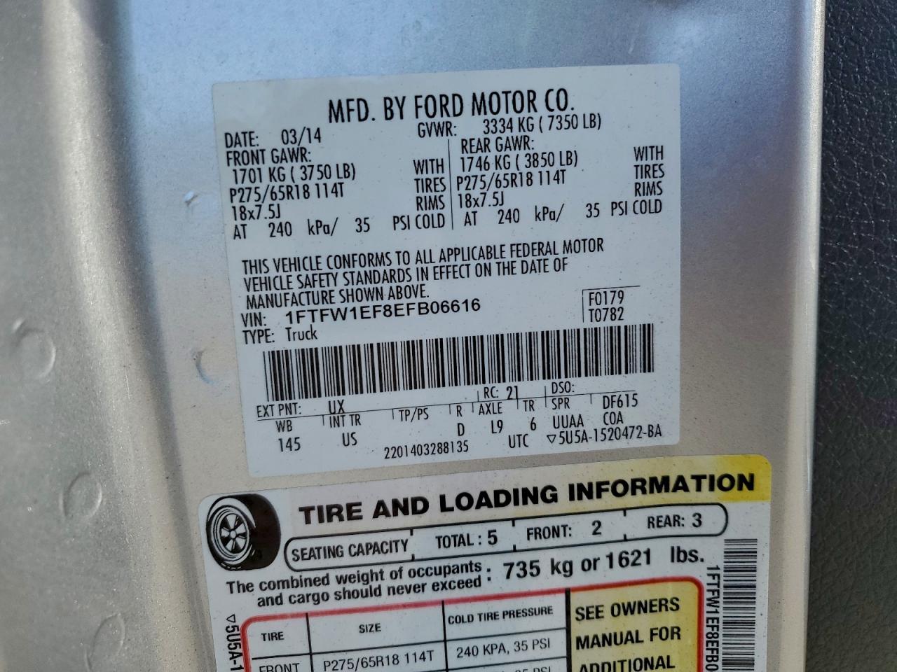 2014 Ford F150 Supercrew VIN: 1FTFW1EF8EFB06616 Lot: 93891705