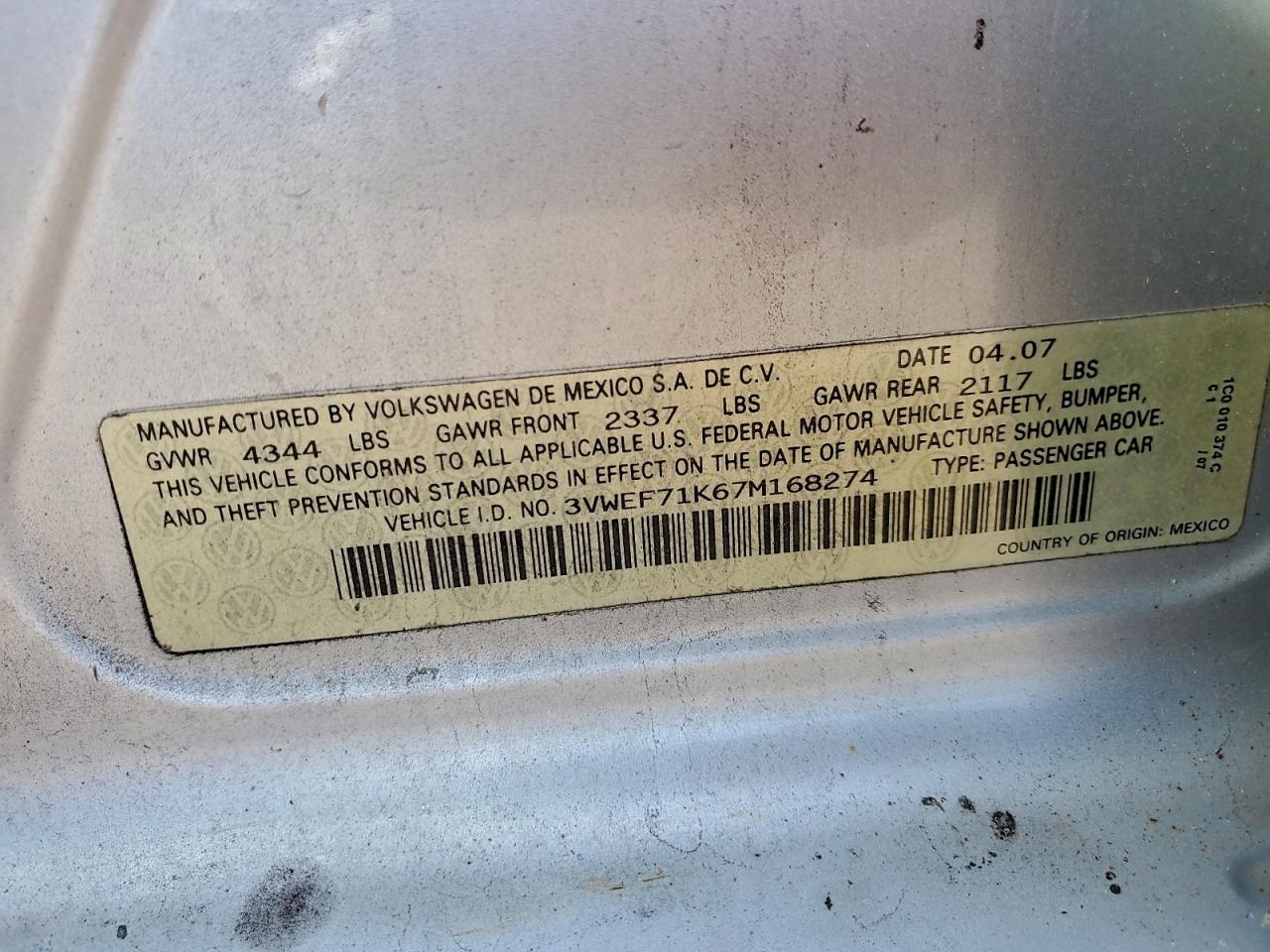 2007 Volkswagen Jetta Wolfsburg VIN: 3VWEF71K67M168274 Lot: 94441855