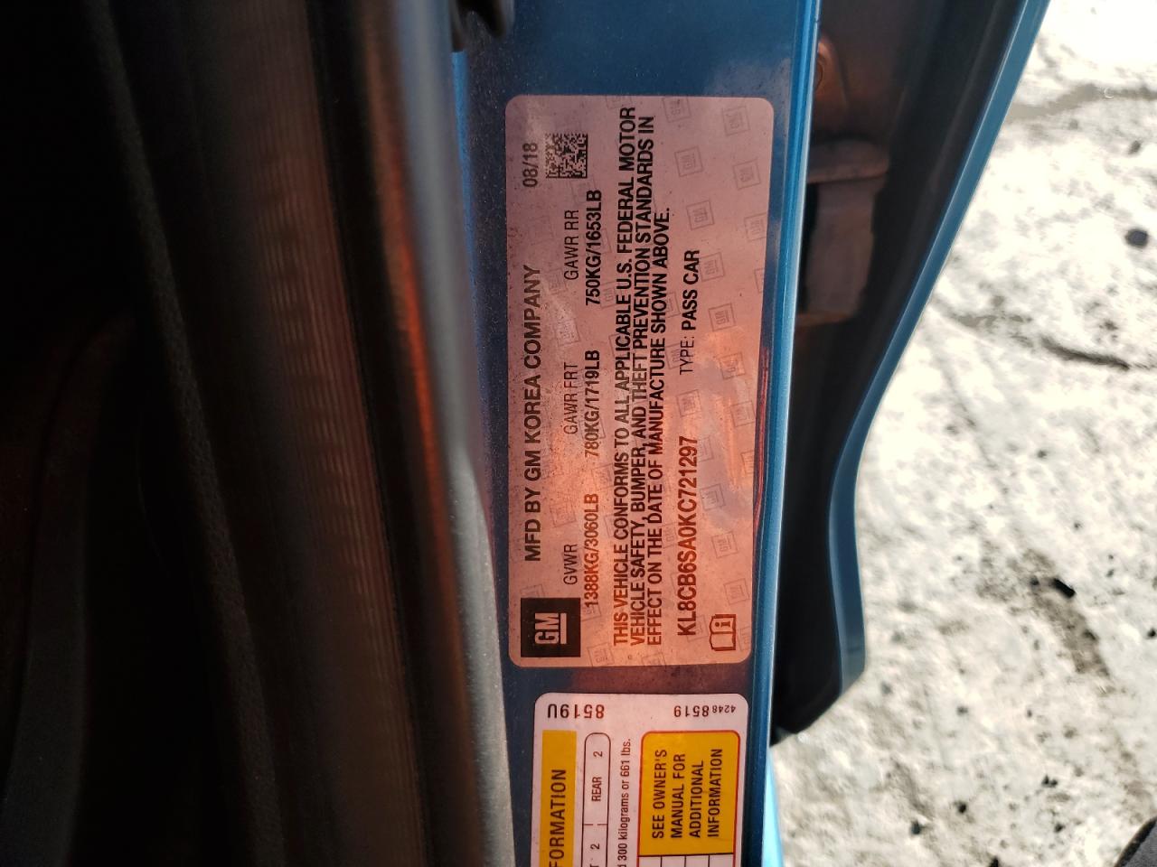 2019 Chevrolet Spark Ls VIN: KL8CB6SA0KC721297 Lot: 90625115