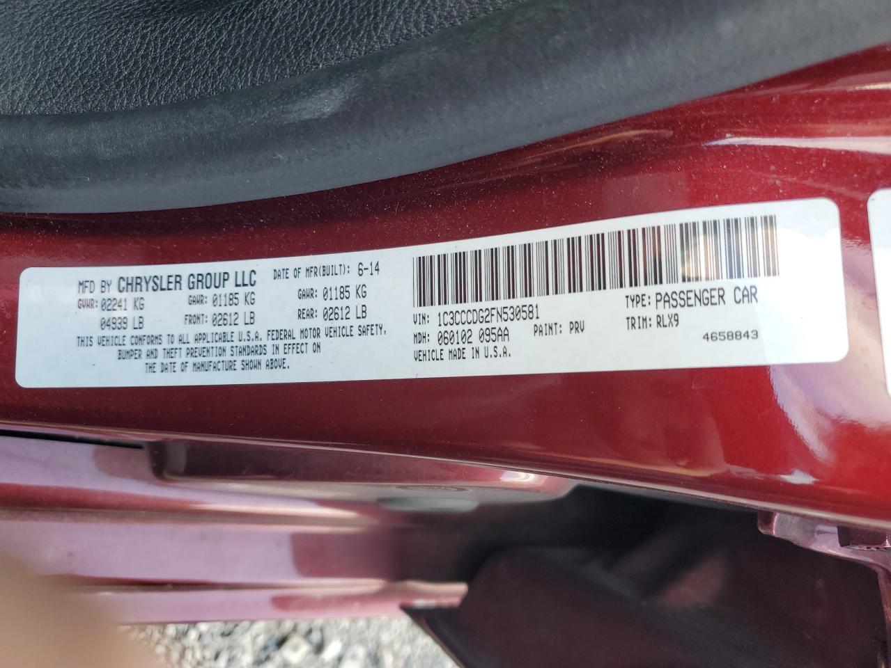 2015 Chrysler 200 S VIN: 1C3CCCDG2FN530581 Lot: 92598865