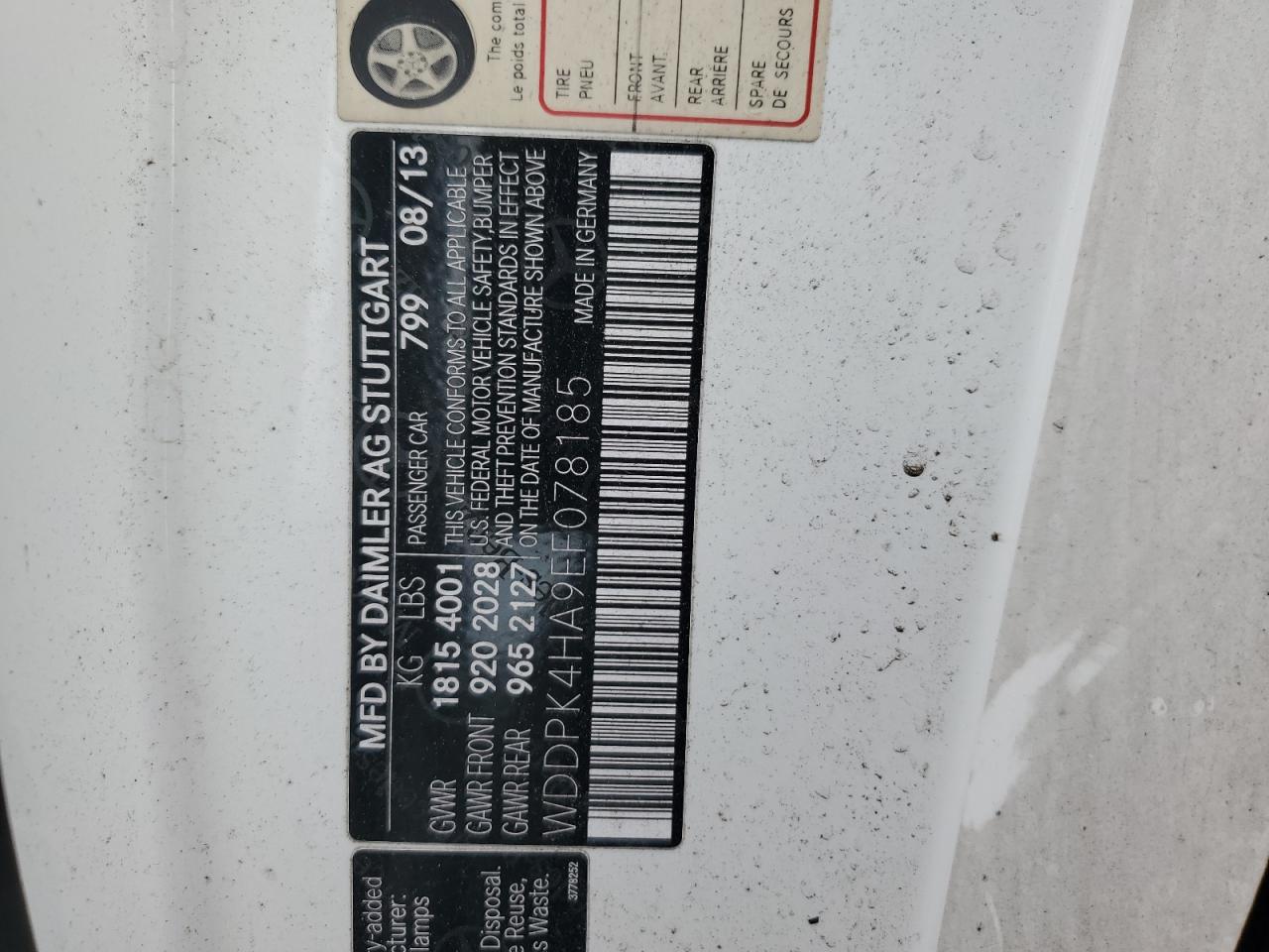 2014 Mercedes-Benz Slk 250 VIN: WDDPK4HA9EF078185 Lot: 92677325