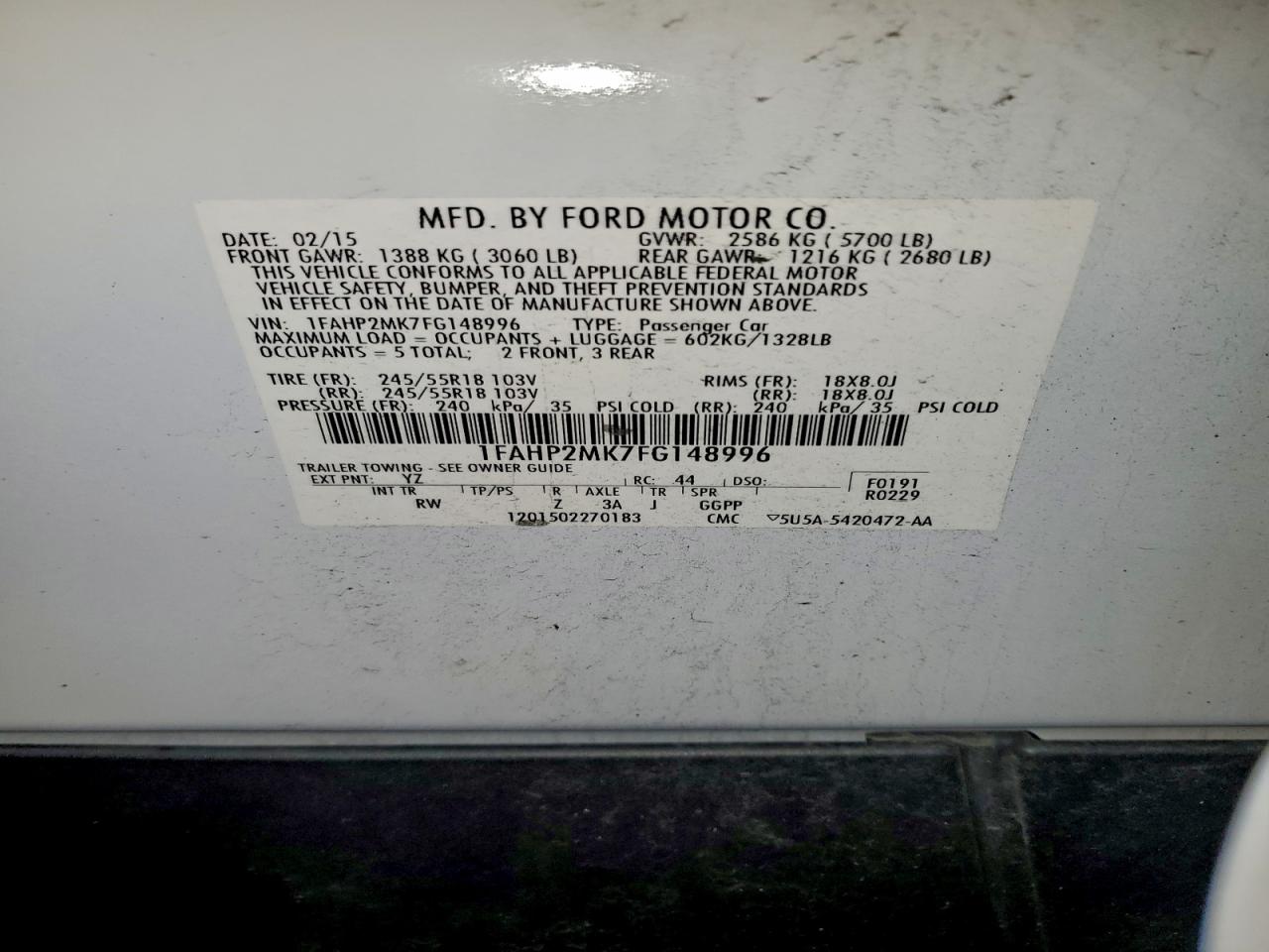 2015 Ford Taurus Police Interceptor VIN: 1FAHP2MK7FG148996 Lot: 91738645