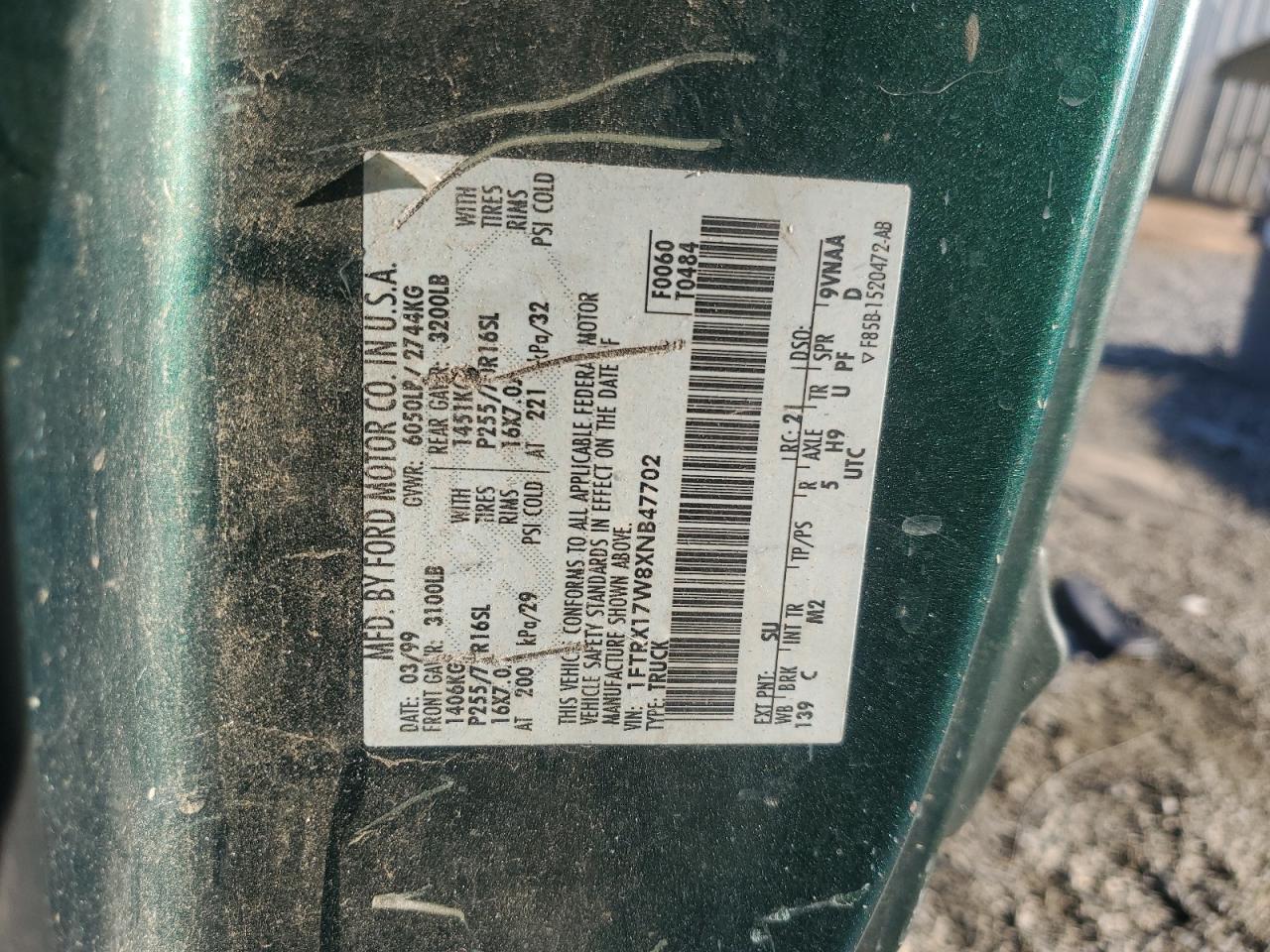 1999 Ford F150 VIN: 1FTRX17W8XNB47702 Lot: 90692985