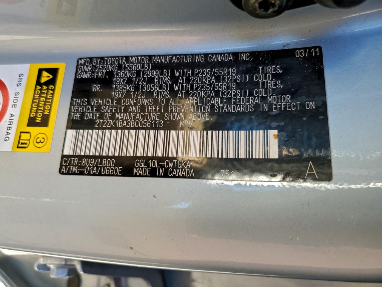 2011 Lexus Rx 350 VIN: 2T2ZK1BA3BC056113 Lot: 94075625