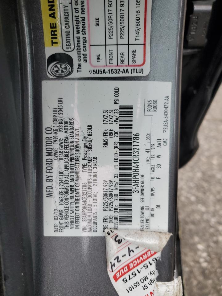 2012 Ford Fusion Se VIN: 3FAHP0HA4CR321786 Lot: 93626655