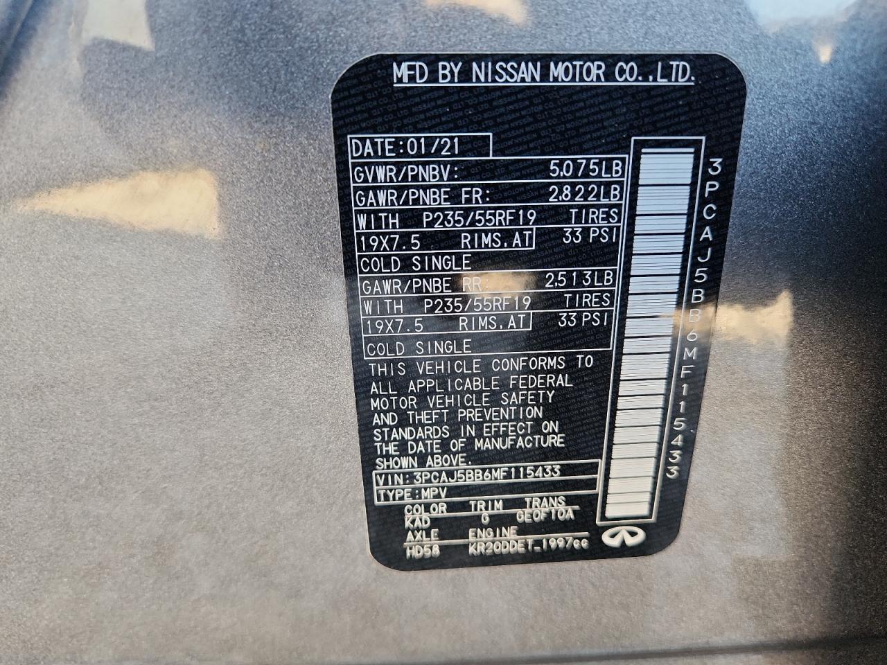 2021 Infiniti Qx50 Luxe VIN: 3PCAJ5BB6MF115433 Lot: 91178615