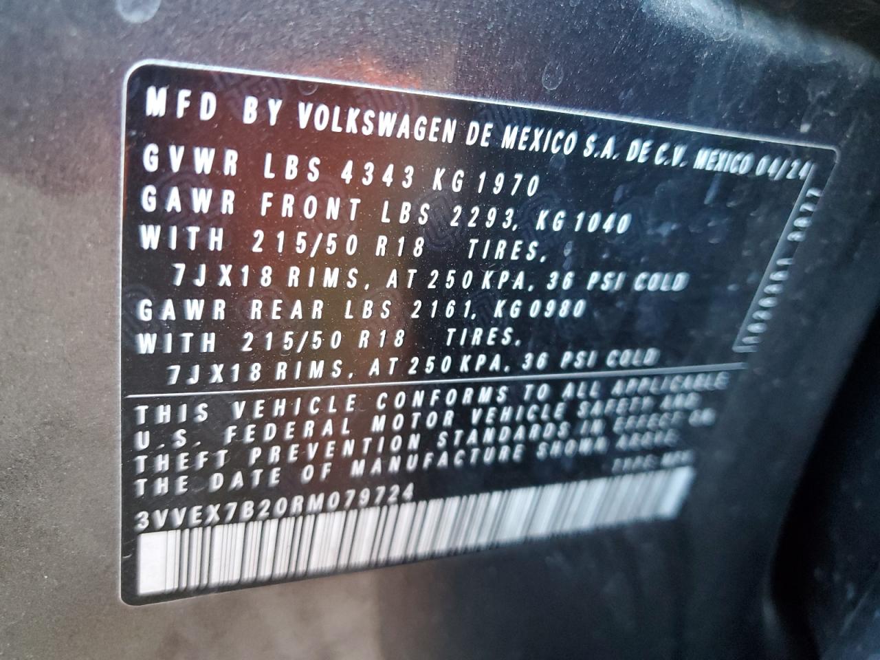 2024 Volkswagen Taos Se VIN: 3VVEX7B20RM079724 Lot: 93050265