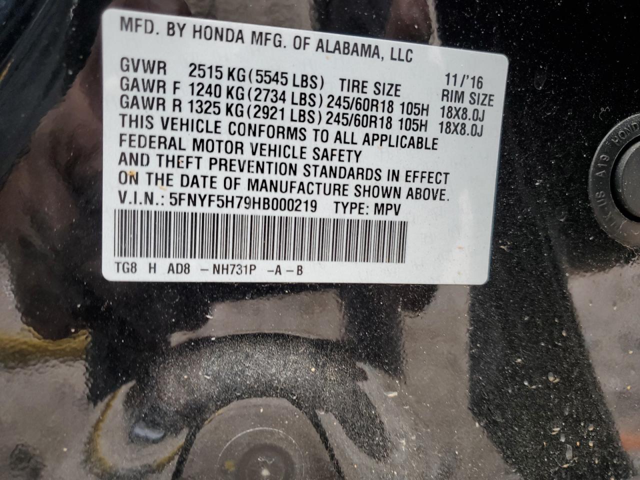 2017 Honda Pilot Exln VIN: 5FNYF5H79HB000219 Lot: 93205965