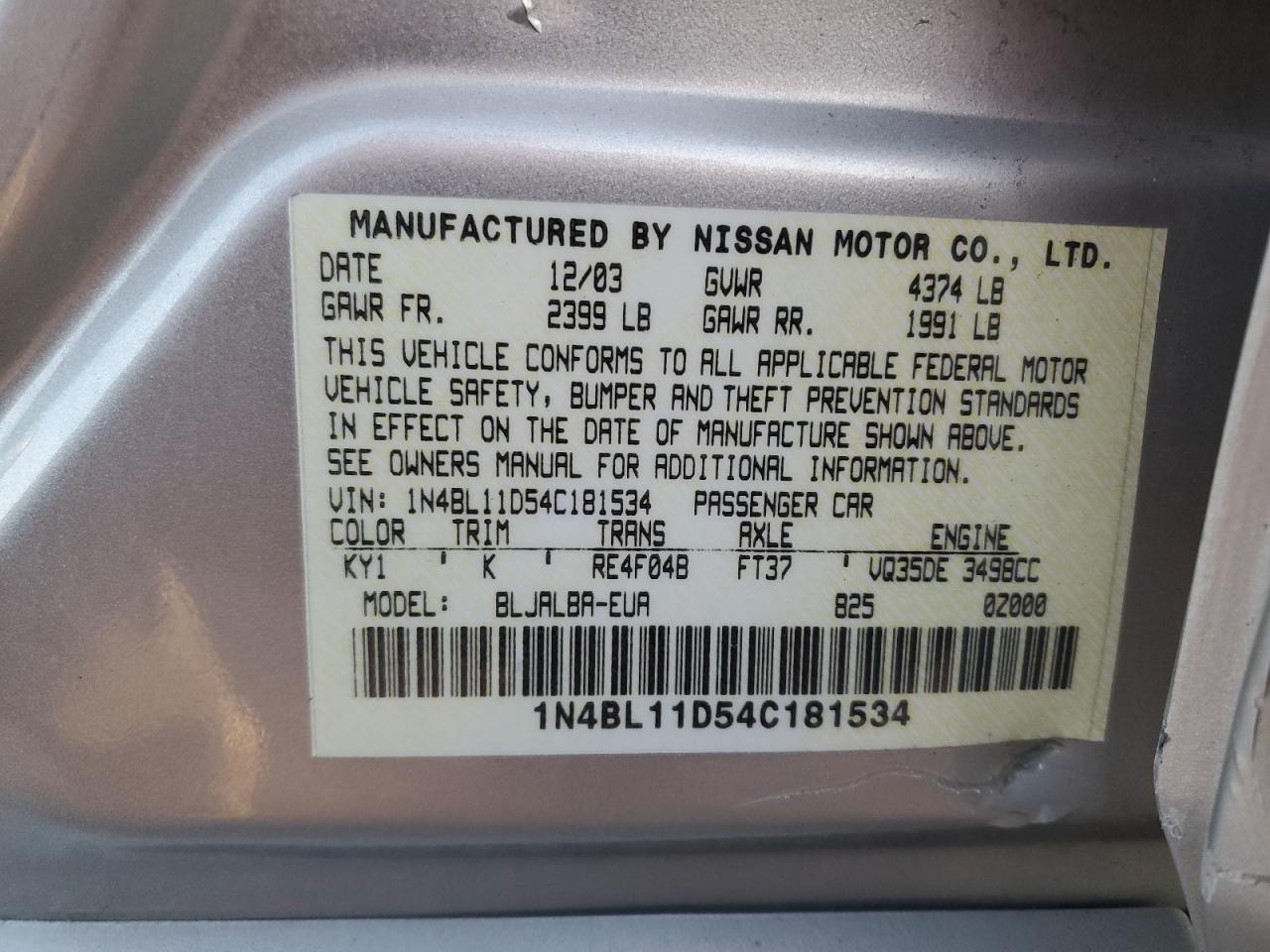 2004 Nissan Altima Se VIN: 1N4BL11D54C181534 Lot: 92489735