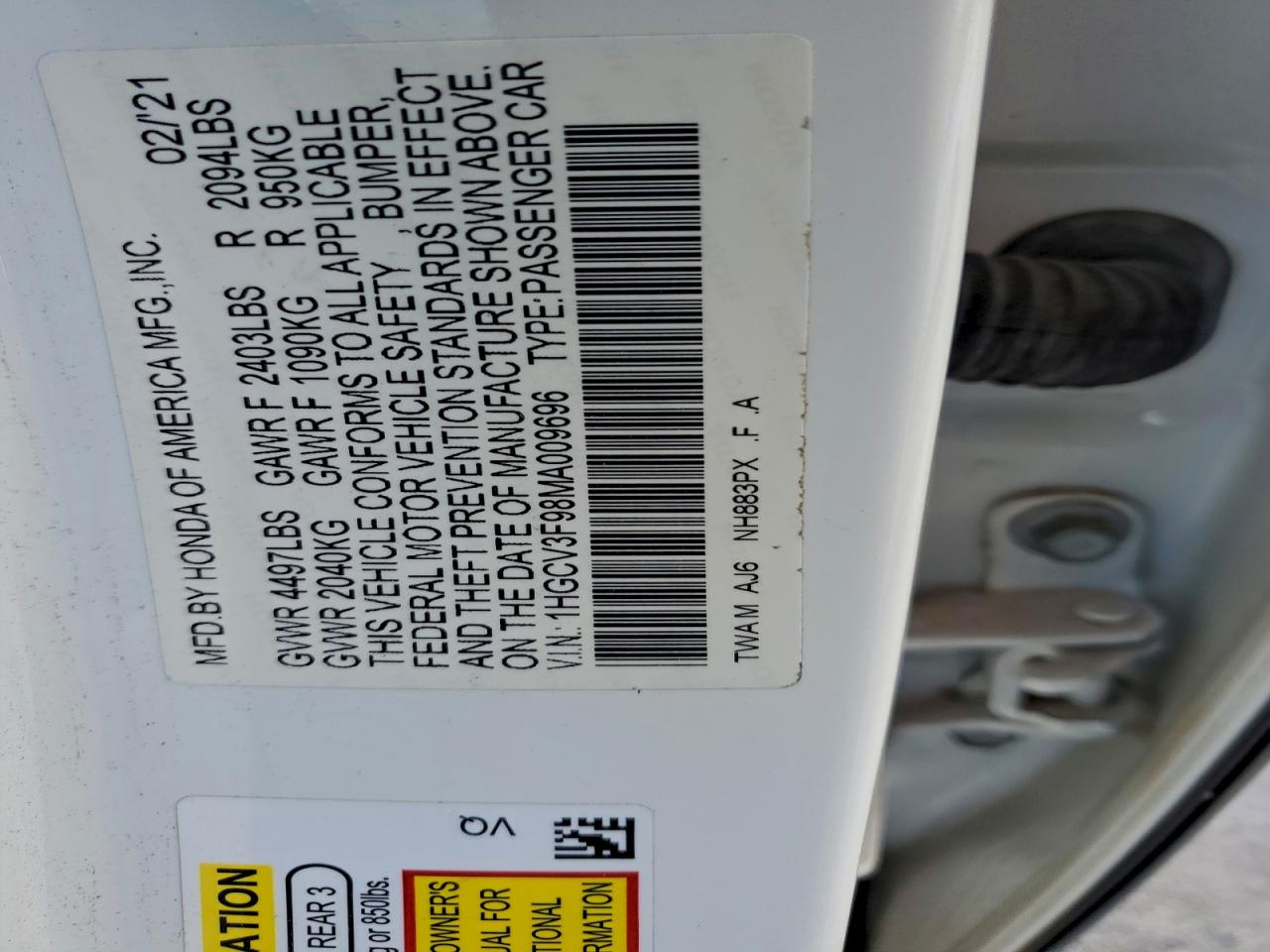 2021 Honda Accord Touring Hybrid VIN: 1HGCV3F98MA009696 Lot: 92748575