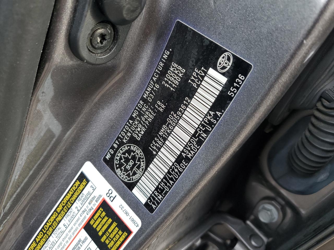 2016 Toyota Camry Le VIN: 4T1BF1FK6GU593612 Lot: 92981045