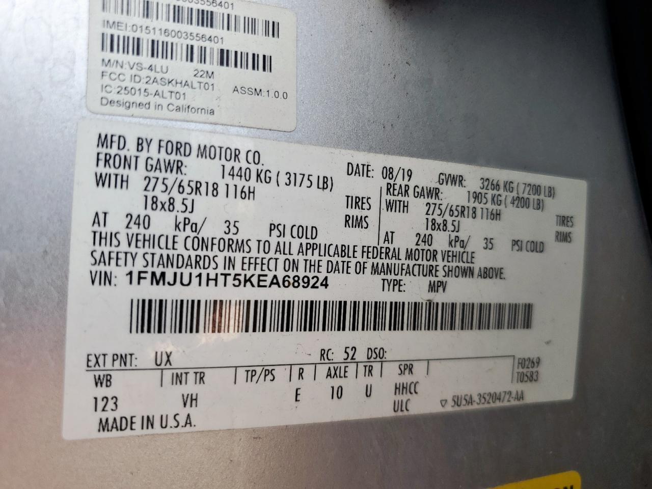 2019 Ford Expedition Xlt VIN: 1FMJU1HT5KEA68924 Lot: 93525495