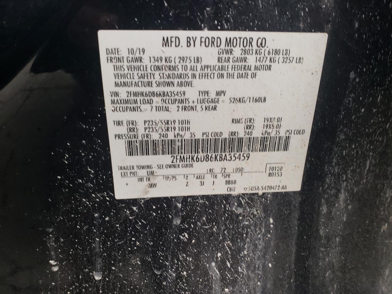 2019 Ford Flex Limited VIN: 2FMHK6D86KBA35459 Lot: 93018765