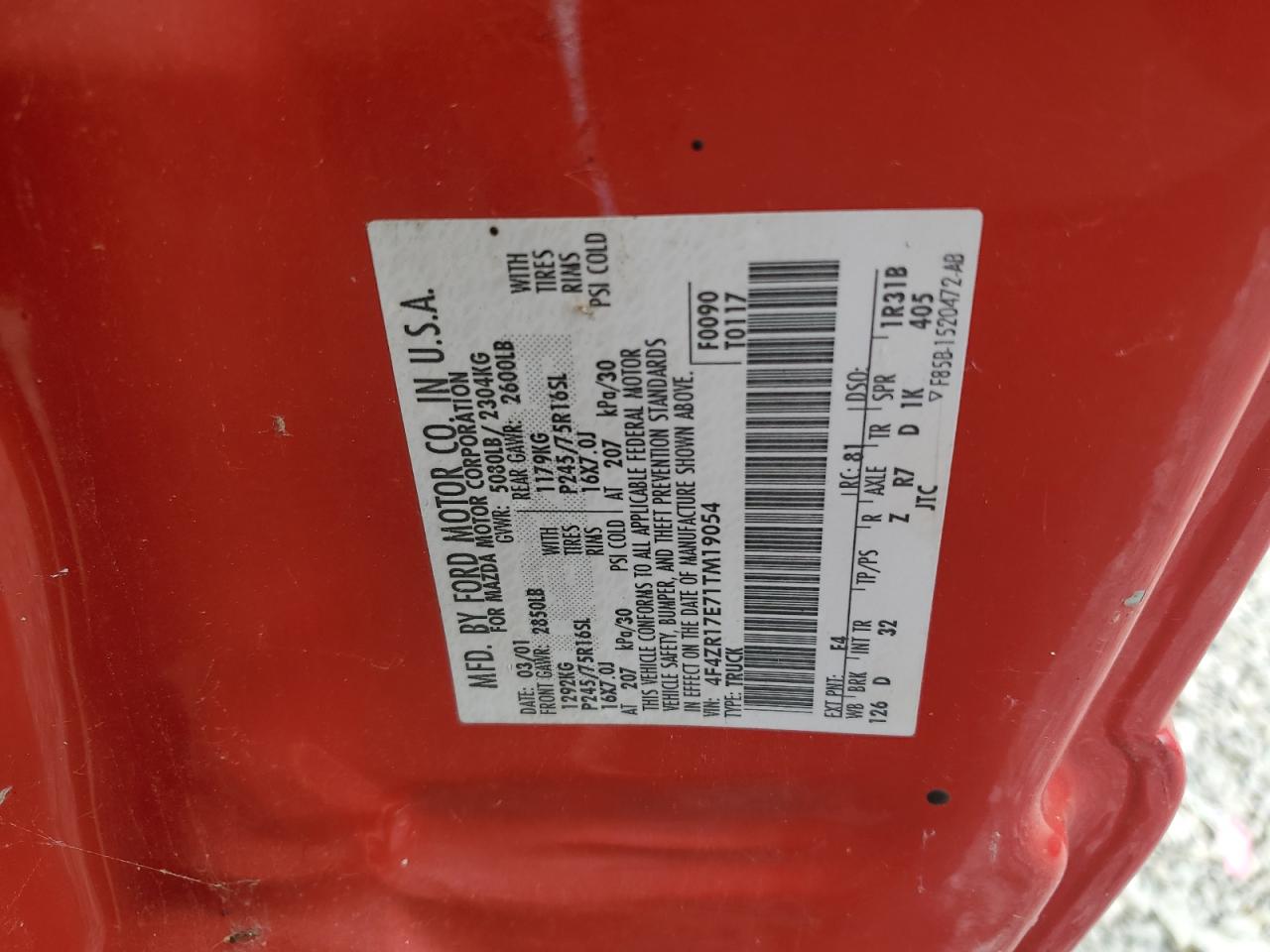 2001 Mazda B4000 Cab Plus VIN: 4F4ZR17E71TM19054 Lot: 91990825