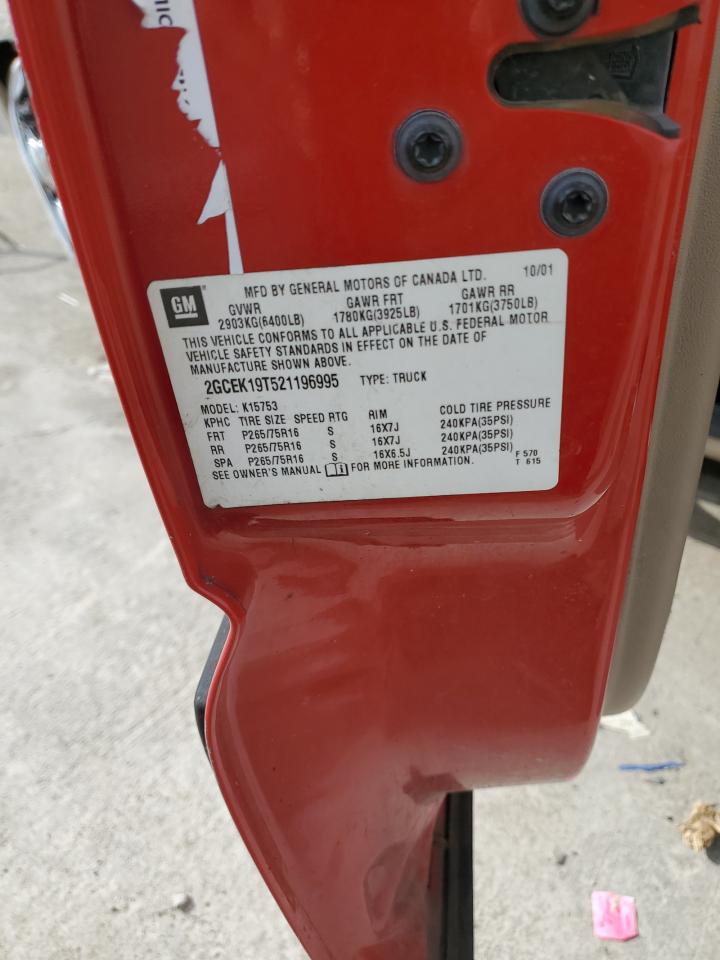 2002 Chevrolet Silverado K1500 VIN: 2GCEK19T521196995 Lot: 90922335