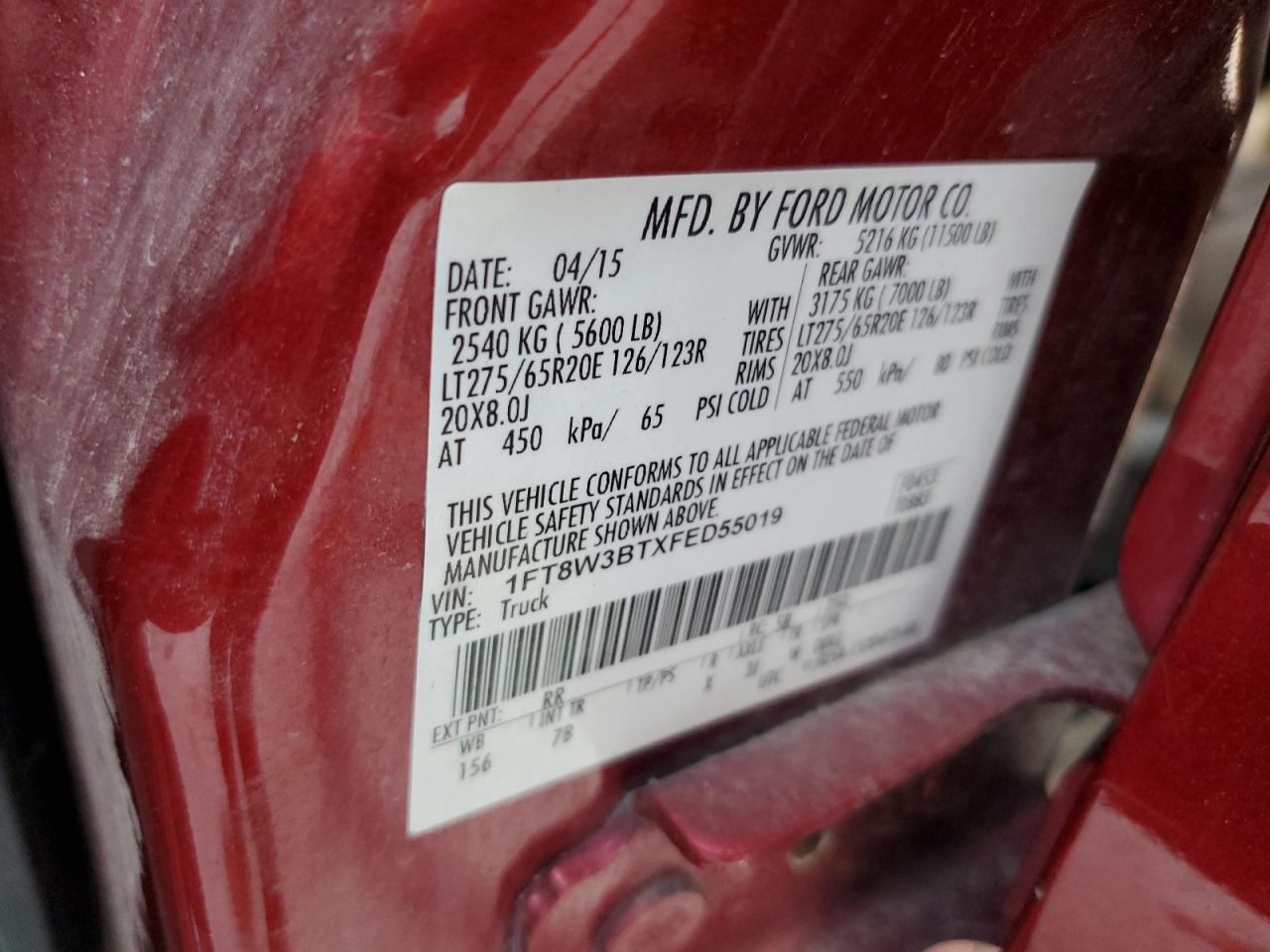 2015 Ford F350 Super Duty VIN: 1FT8W3BTXFED55019 Lot: 92581425