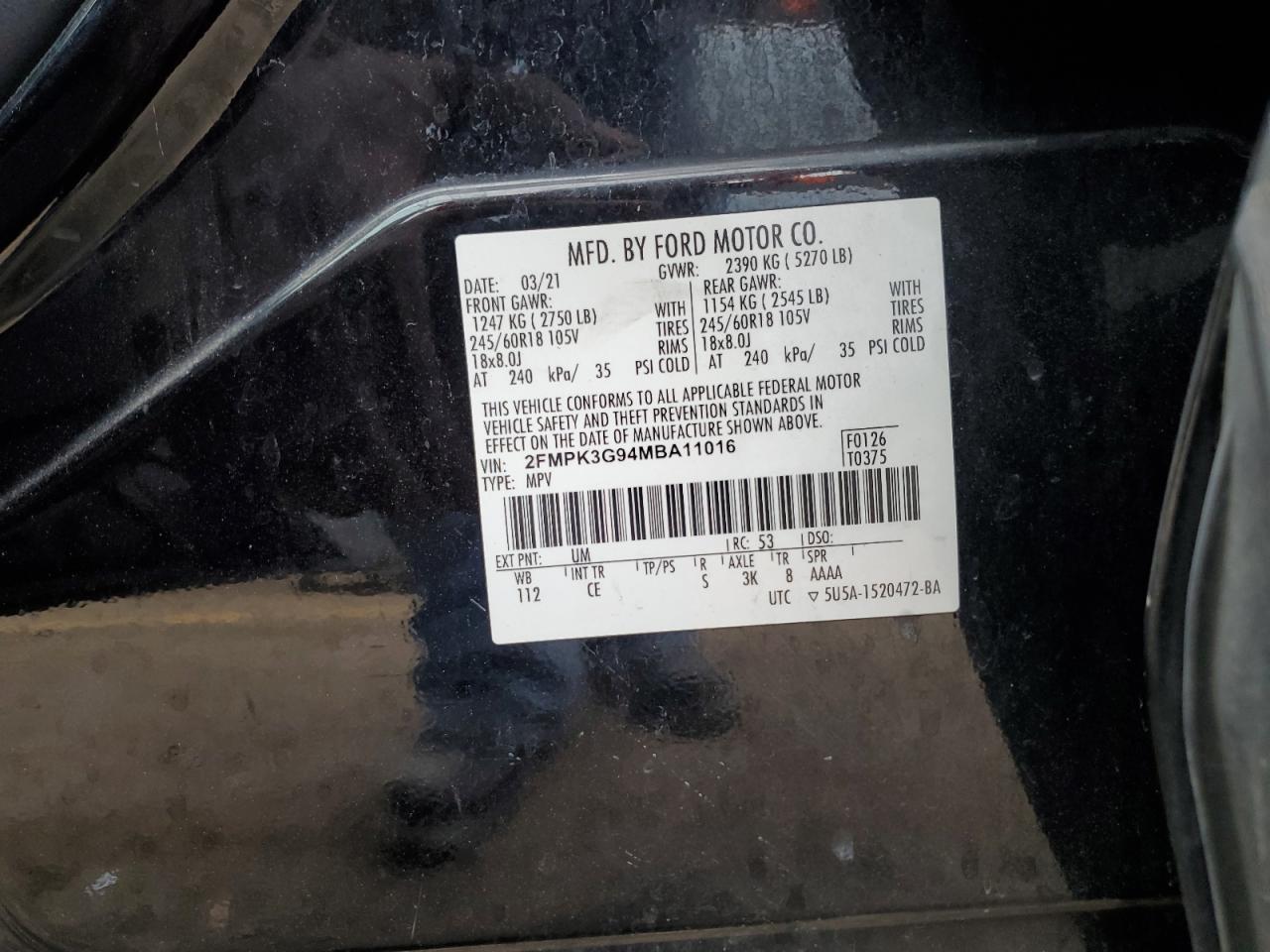 2021 Ford Edge Se VIN: 2FMPK3G94MBA11016 Lot: 93626125