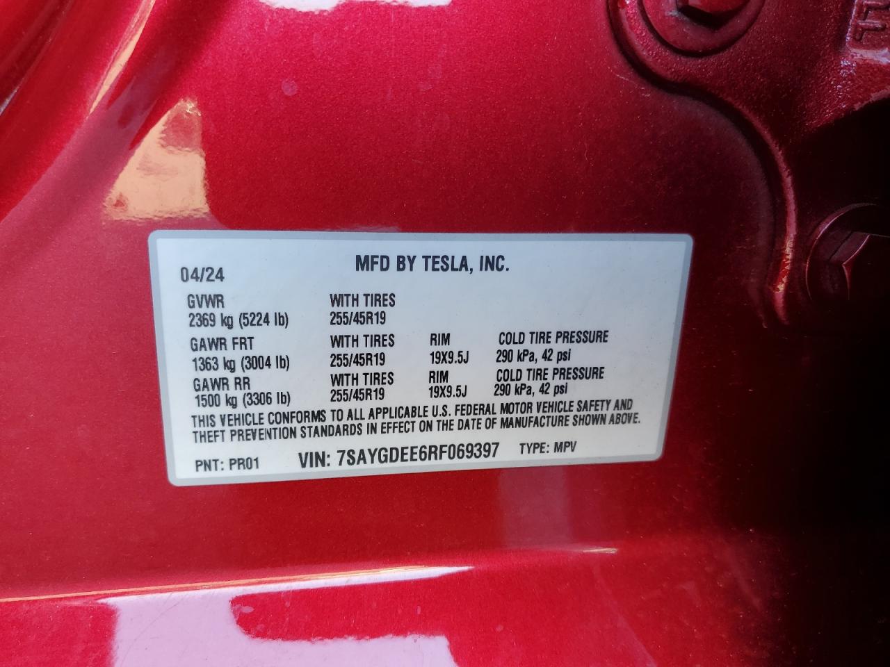 2024 Tesla Model Y VIN: 7SAYGDEE6RF069397 Lot: 91311225