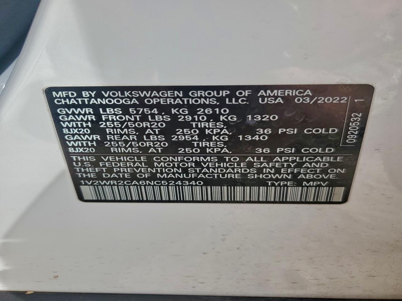 2022 Volkswagen Atlas Se VIN: 1V2WR2CA6NC524340 Lot: 94673065