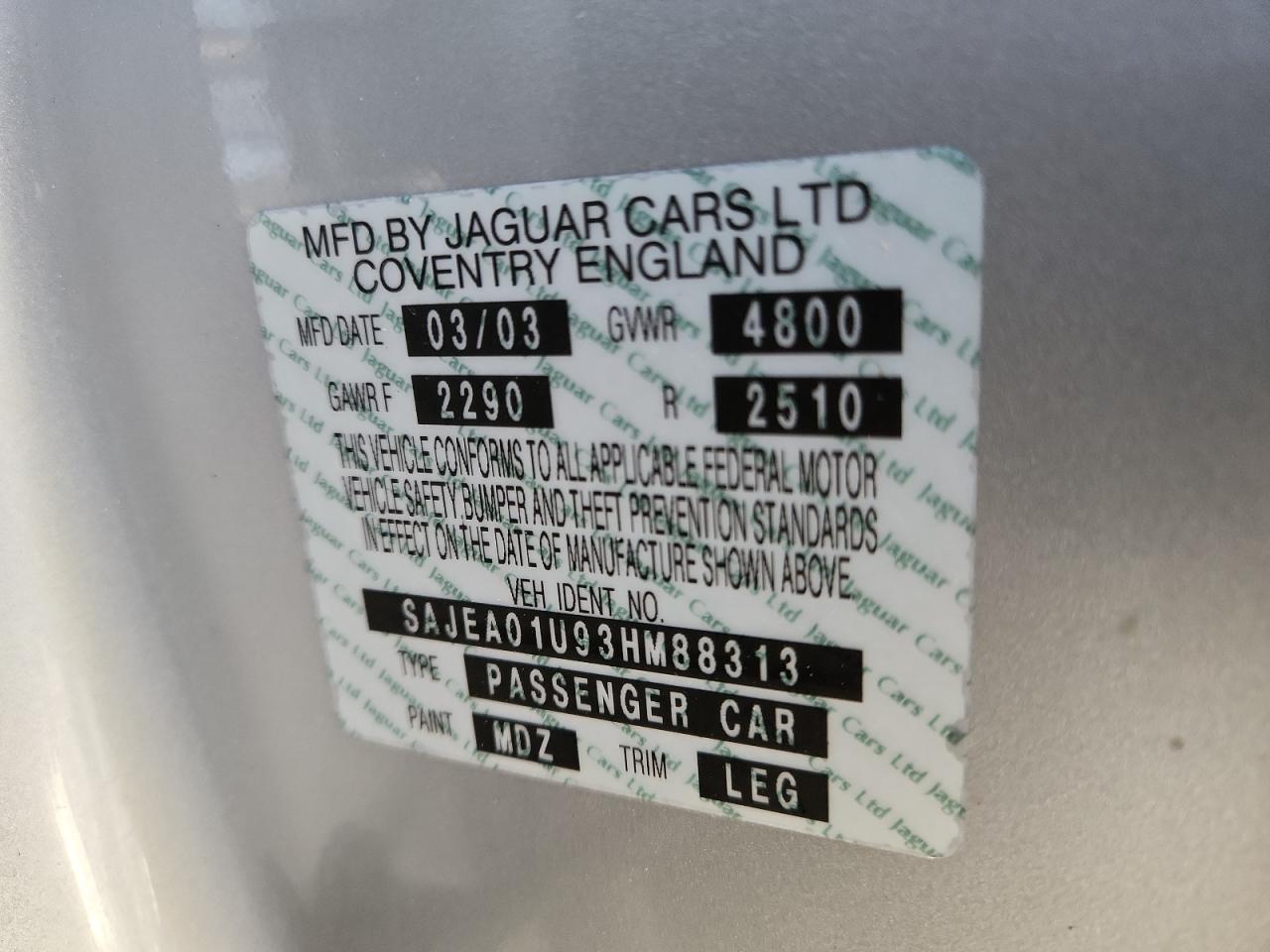 2003 Jaguar S-Type VIN: SAJEA01U93HM88313 Lot: 92412575