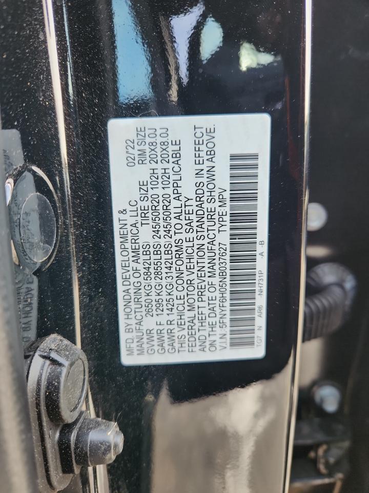 2022 Honda Pilot Elite VIN: 5FNYF6H05NB037627 Lot: 91024225