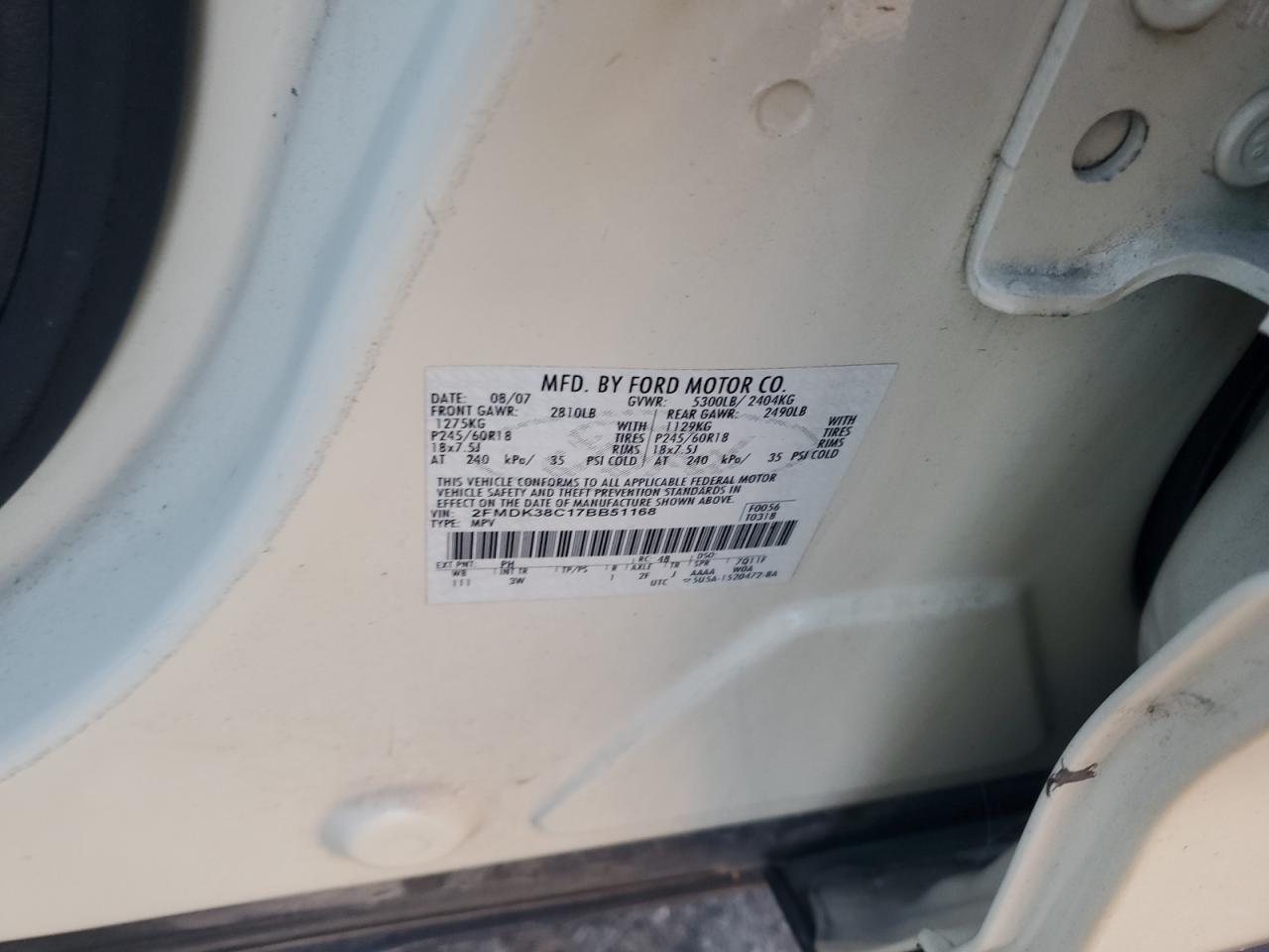 2007 Ford Edge Sel VIN: 2FMDK38C17BB51168 Lot: 90469235