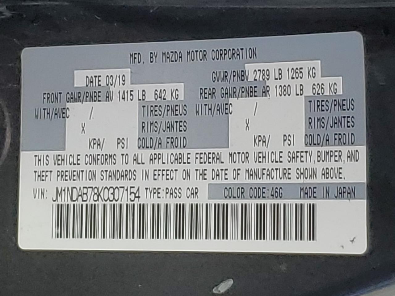 2019 Mazda Mx-5 Miata Sport VIN: JM1NDAB78K0307154 Lot: 93662705