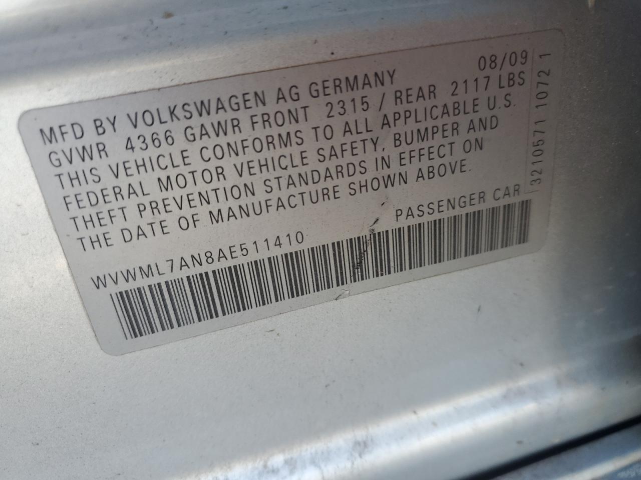 2010 Volkswagen Cc Sport VIN: WVWML7AN8AE511410 Lot: 91780875