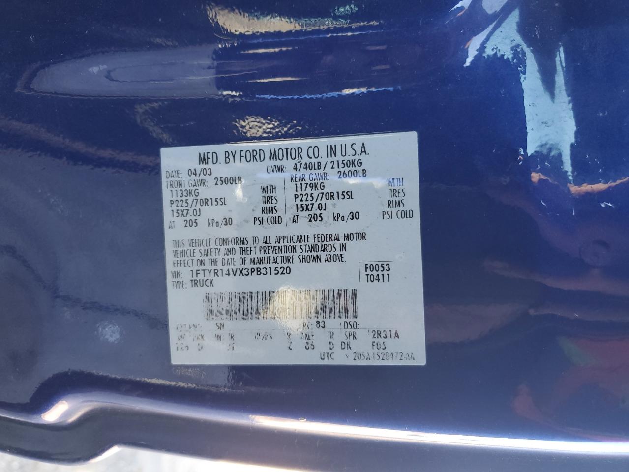 2003 Ford Ranger Super Cab VIN: 1FTYR14VX3PB31520 Lot: 93045215