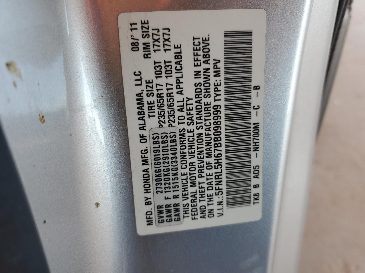 2011 Honda Odyssey Exl VIN: 5FNRL5H67BB098999 Lot: 92093415