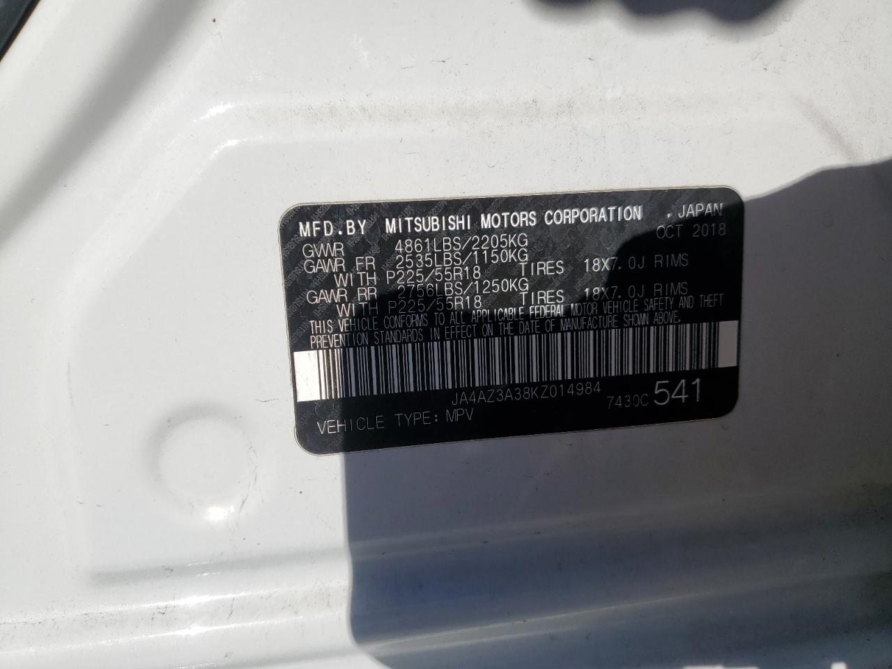 2019 Mitsubishi Outlander Se VIN: JA4AZ3A38KZ014984 Lot: 91239935