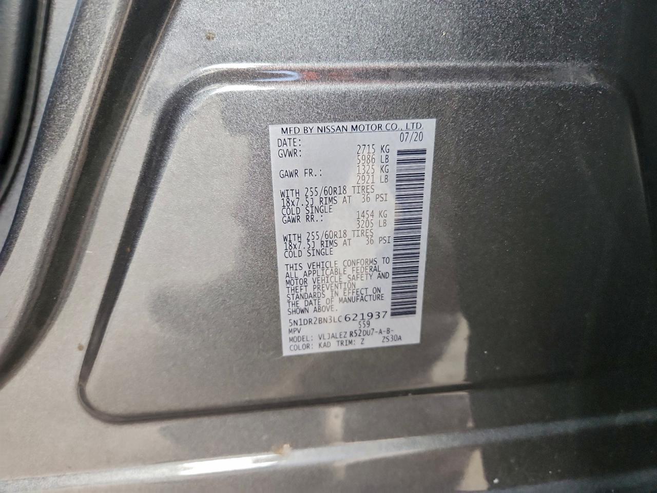 2020 Nissan Pathfinder Sv VIN: 5N1DR2BN3LC621937 Lot: 94864425