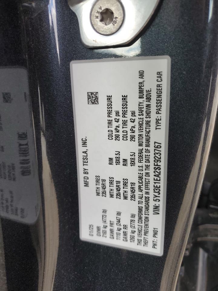2025 Tesla Model 3 VIN: 5YJ3E1EA2SF923767 Lot: 91603305