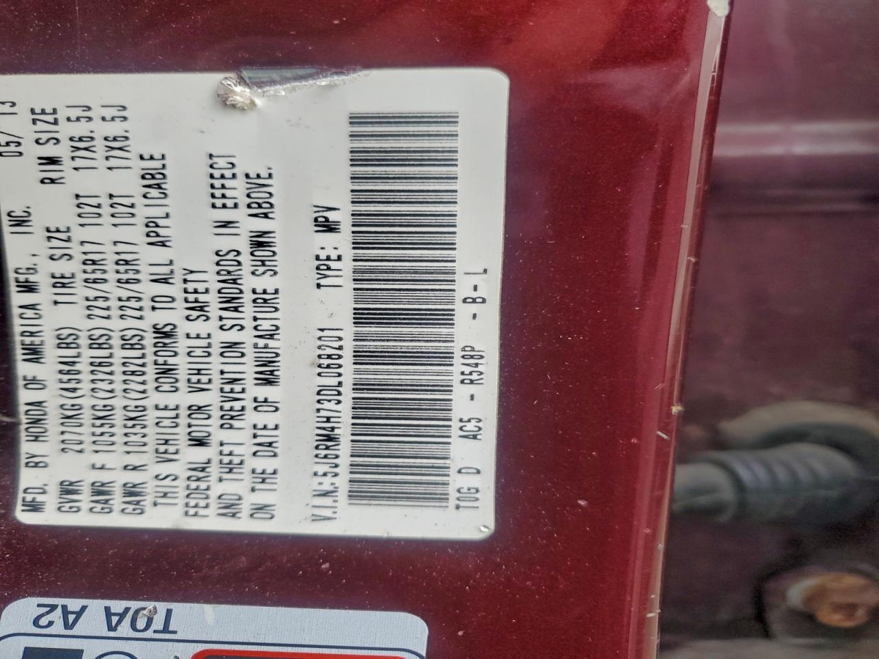 2013 Honda Cr-V Exl VIN: 5J6RM4H73DL068201 Lot: 94680935