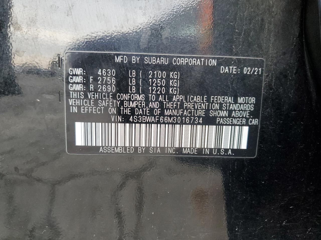 2021 Subaru Legacy Premium VIN: 4S3BWAF66M3016734 Lot: 93734175