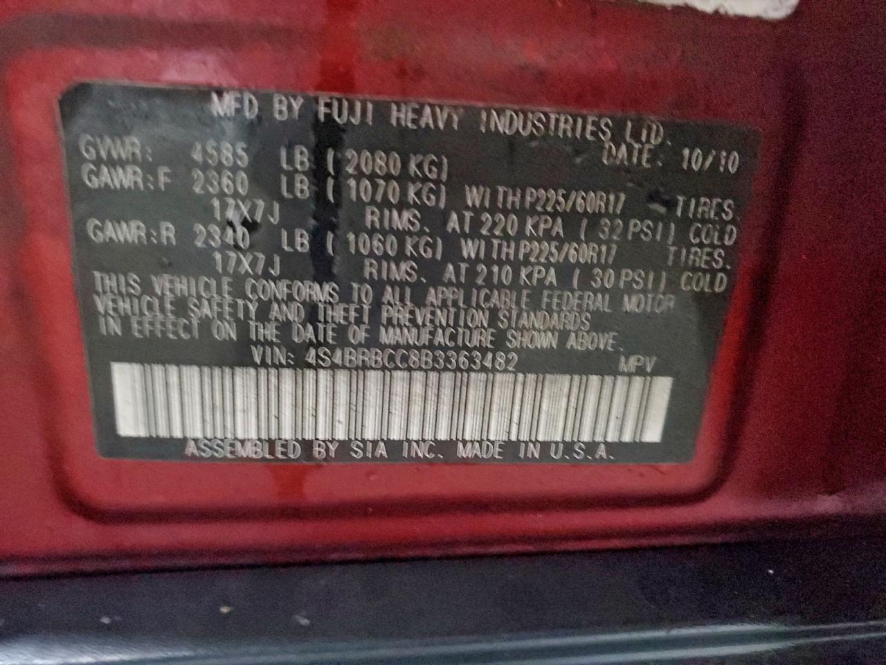 2011 Subaru Outback 2.5I Premium VIN: 4S4BRBCC8B3363482 Lot: 94100525