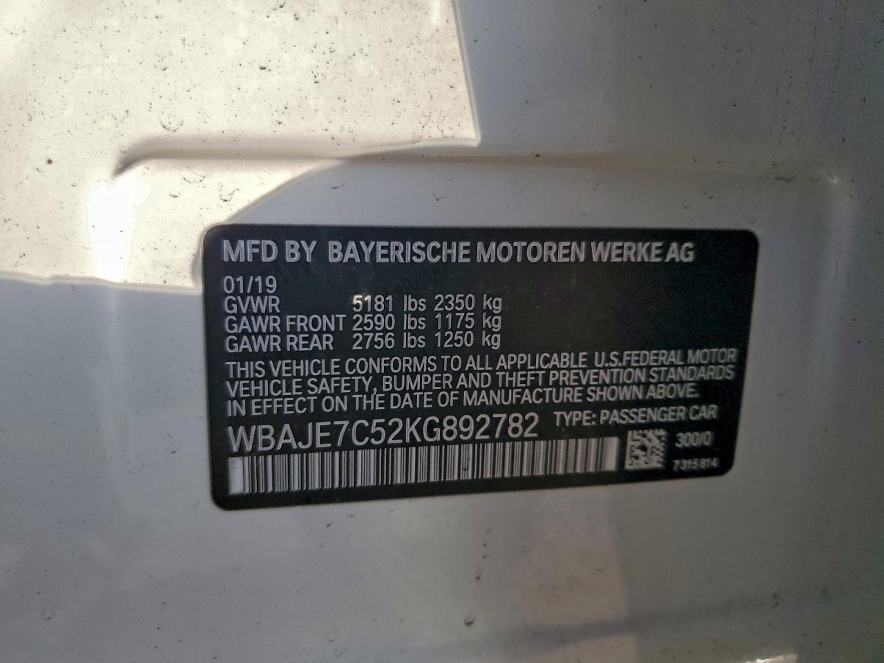 2019 BMW 540 Xi VIN: WBAJE7C52KG892782 Lot: 93951145