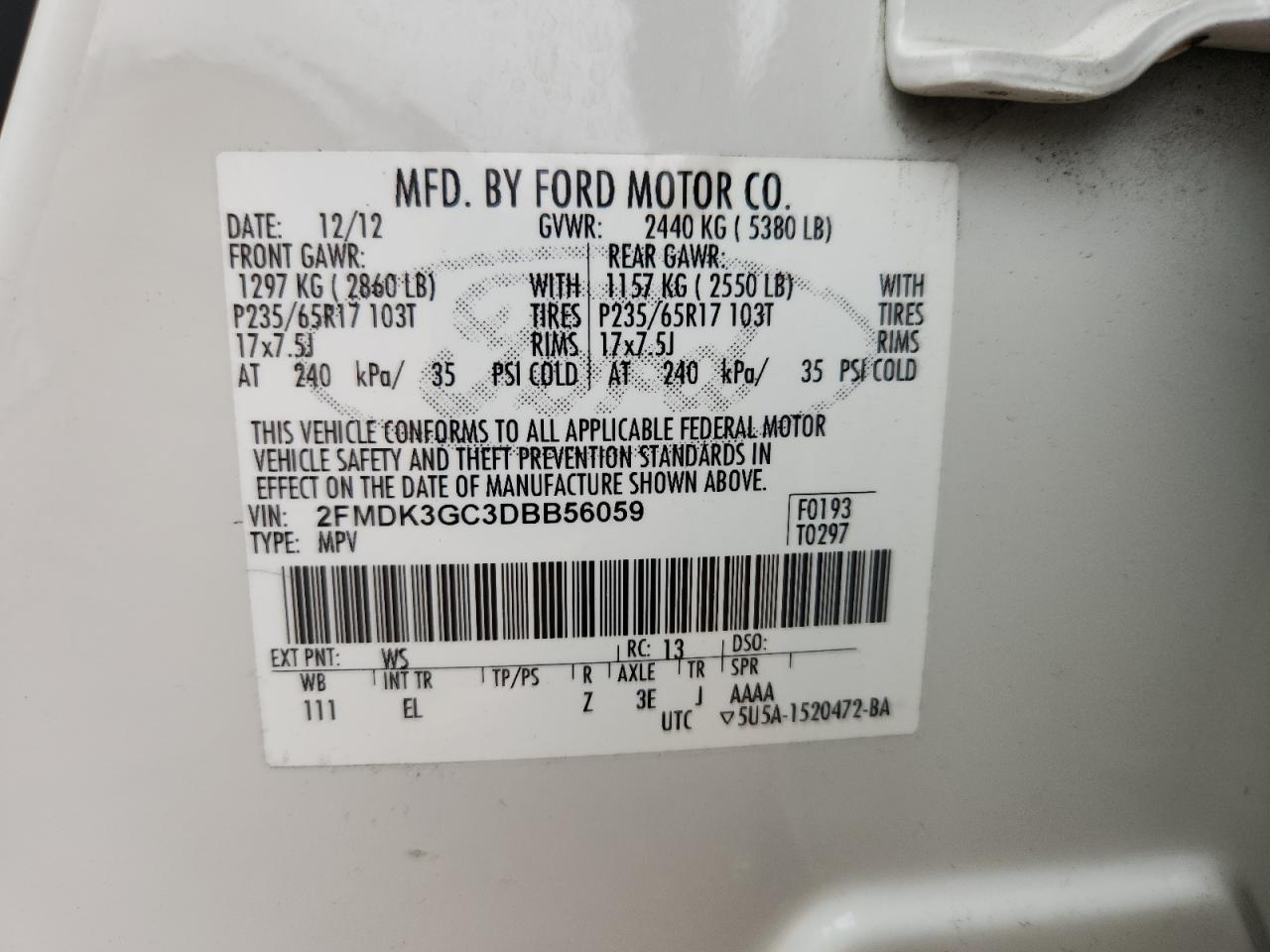 2013 Ford Edge Se VIN: 2FMDK3GC3DBB56059 Lot: 93301085