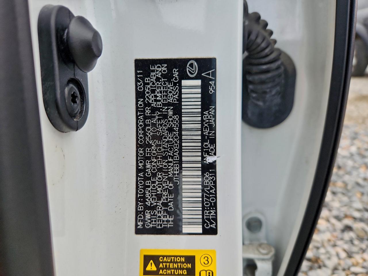 2011 Lexus Hs 250H VIN: JTHBB1BAXB2044558 Lot: 93857285