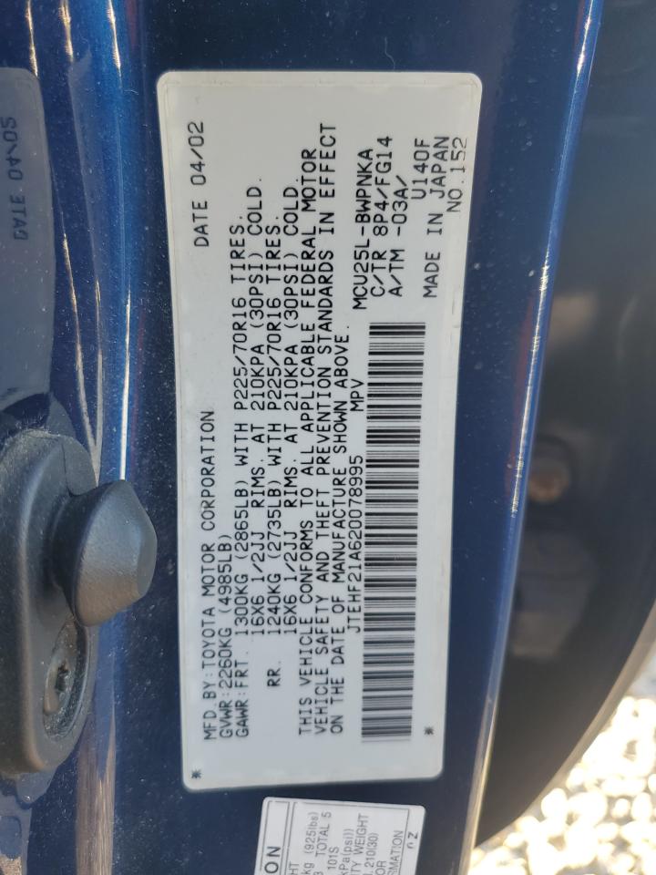 2002 Toyota Highlander Limited VIN: JTEHF21A620078995 Lot: 93759505