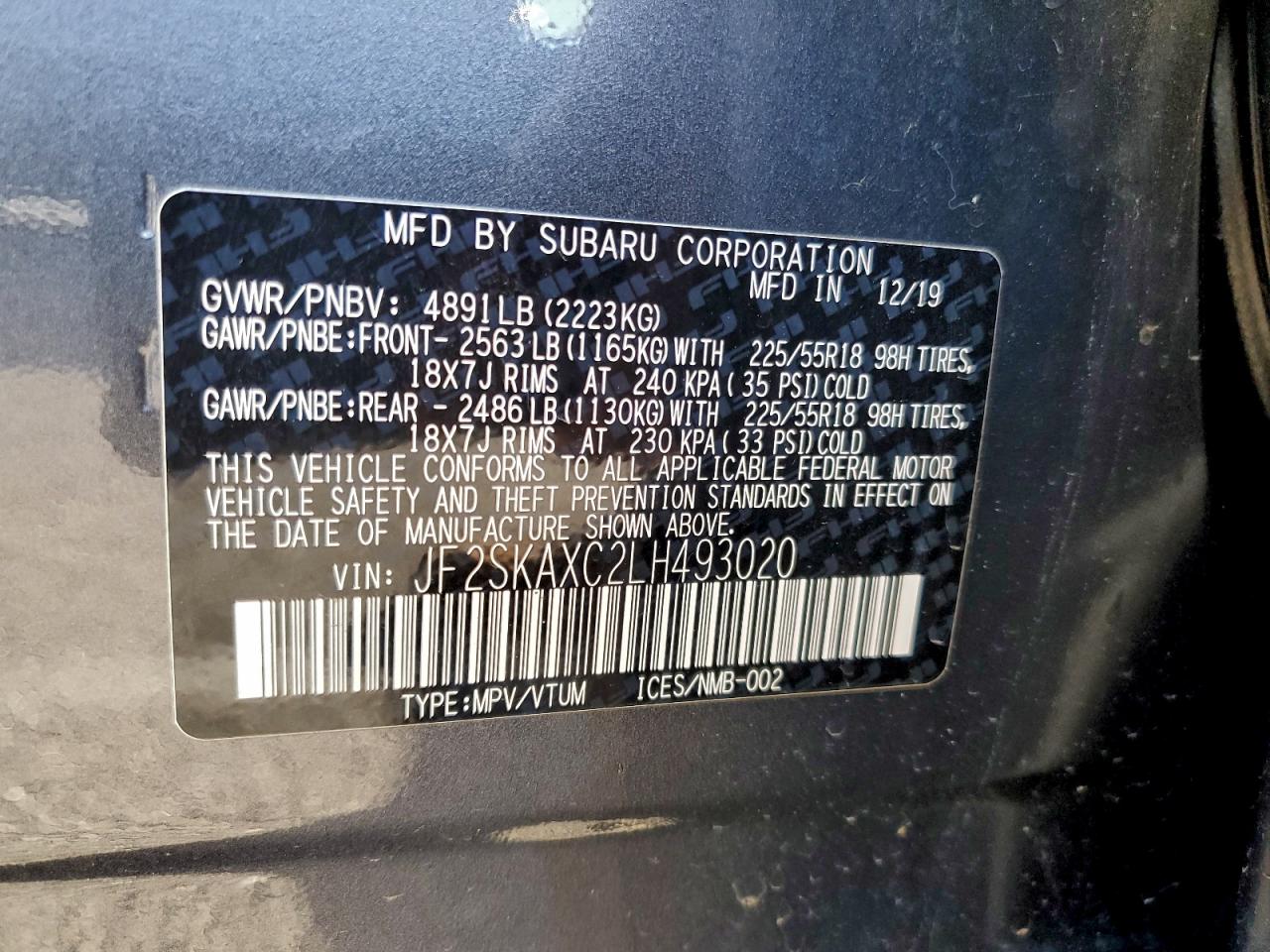 2020 Subaru Forester Touring VIN: JF2SKAXC2LH493020 Lot: 94353015