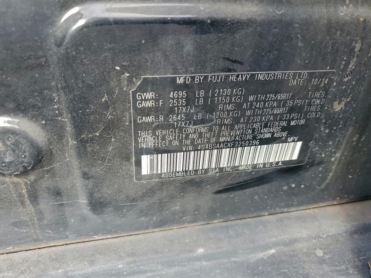 2015 Subaru Outback 2.5I VIN: 4S4BSAACXF3250396 Lot: 94075345