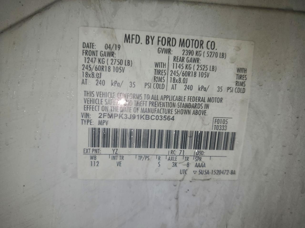 2019 Ford Edge Sel VIN: 2FMPK3J91KBC03564 Lot: 93622295