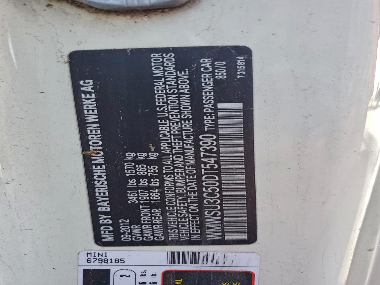 2013 Mini Cooper VIN: WMWSU3C50DT547390 Lot: 94676695